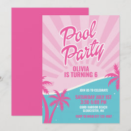 Invitación Fiesta de cumpleaños en la piscina rosa de Malibu
