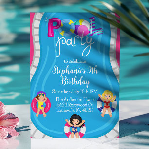 Invitación Fiesta de Cumpleaños en la Piscina Rosa Niñas Vera
