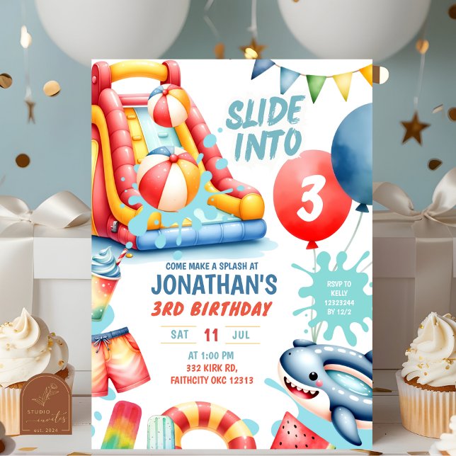 Invitación Fiesta de cumpleaños en la piscina Slide into Thre (Subido por el creador)