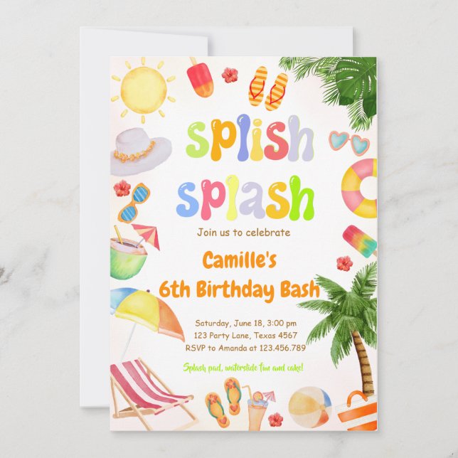 Invitación Fiesta de Cumpleaños en la Piscina Splash (Anverso)
