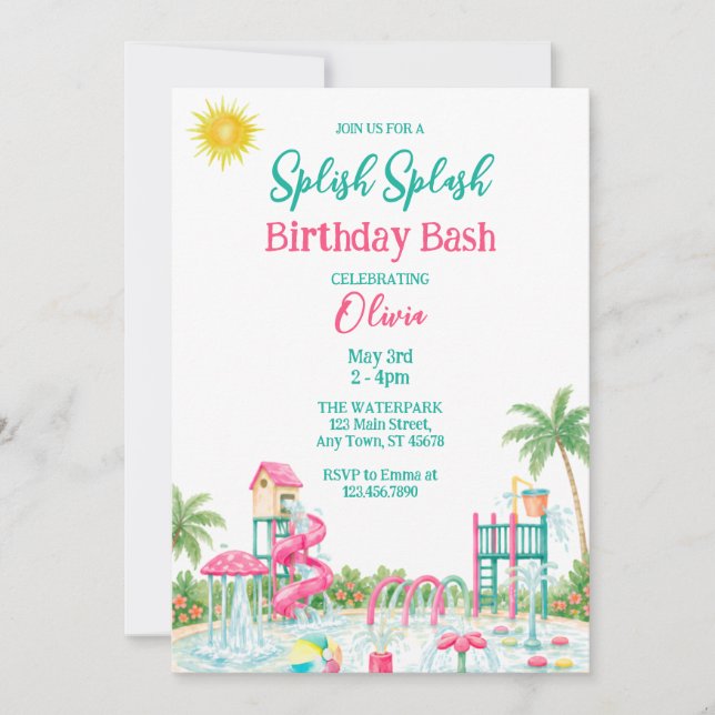 Invitación Fiesta de cumpleaños en la piscina Splash Bash (Anverso)