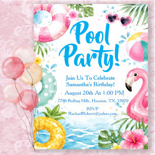Invitación Fiesta de cumpleaños en la piscina tropical con ac