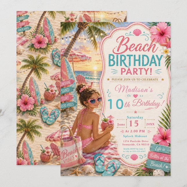 Invitación Fiesta de Cumpleaños en la Playa (Anverso / Reverso)
