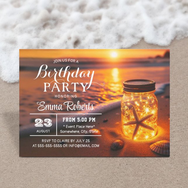 Invitación Fiesta de cumpleaños en la playa al atardecer con  (Subido por el creador)