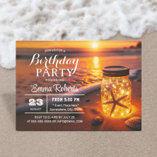 Invitación Fiesta de cumpleaños en la playa al atardecer con 