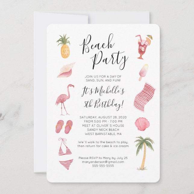 Invitación Fiesta de cumpleaños en la playa con acuarela (Anverso)