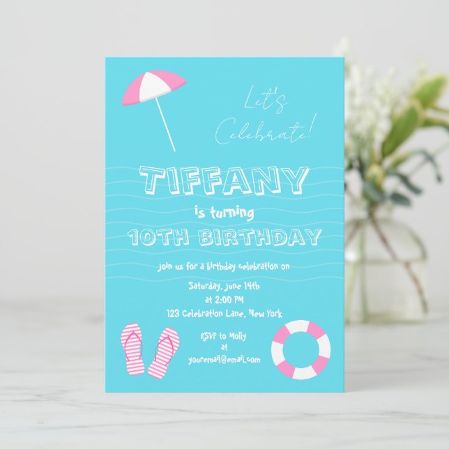 Invitación Fiesta de Cumpleaños en la Playa con Detalles Vera (Anverso de pie)