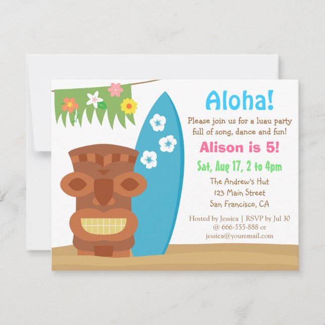 Invitación Fiesta de Cumpleaños en la Playa con Luau Tiki de  (Anverso)