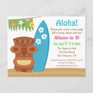 Invitación Fiesta de Cumpleaños en la Playa con Luau Tiki de 