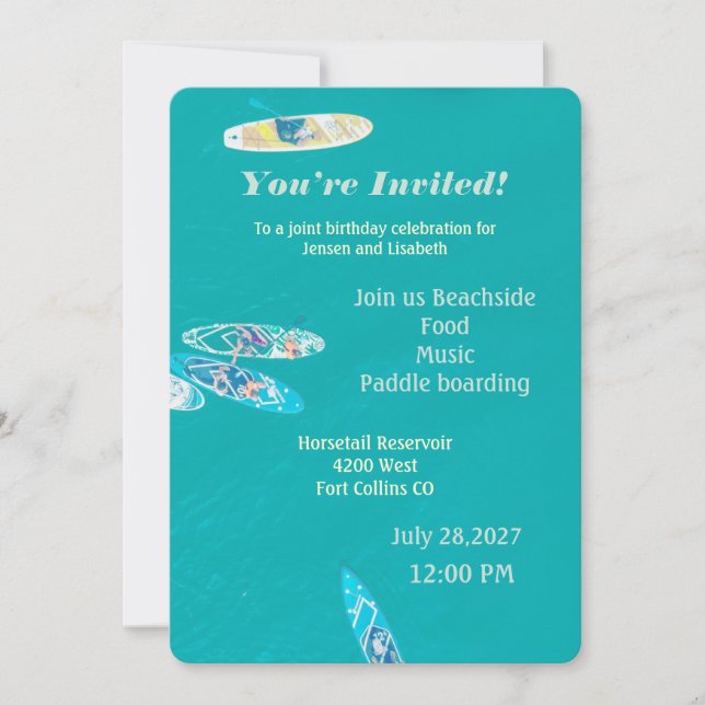 Invitación Fiesta de cumpleaños en la playa con paddle board (Anverso)