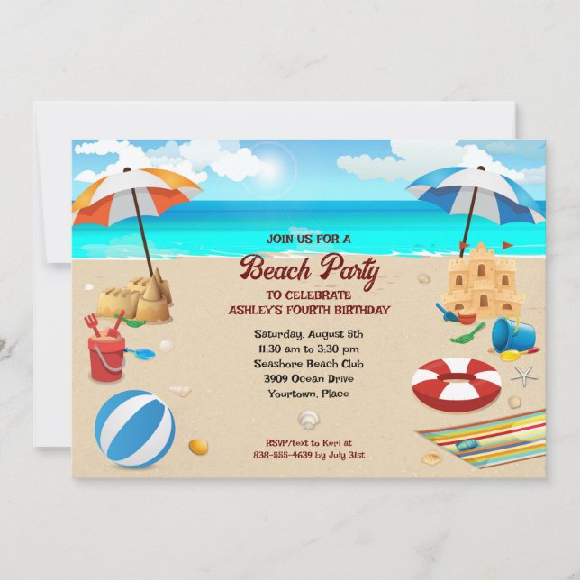 Invitación Fiesta de cumpleaños en la playa para niños (Anverso)