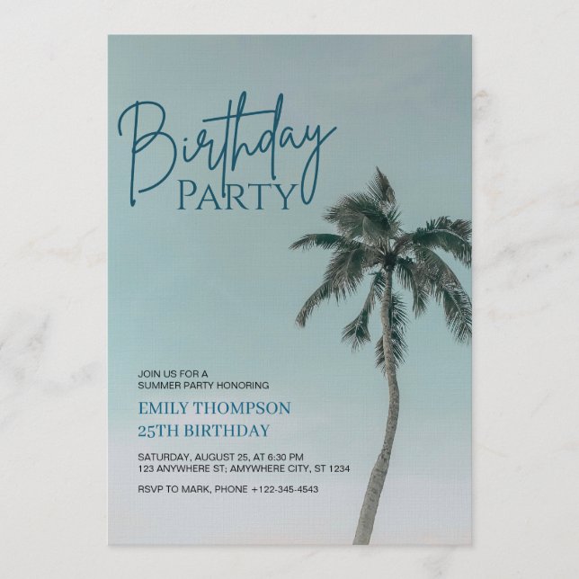 Invitación Fiesta de cumpleaños en la playa tropical con palm (Anverso)