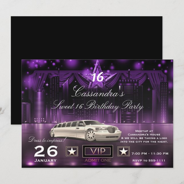 Invitación Fiesta de Cumpleaños en Limo con Luces de la Ciuda (Anverso / Reverso)