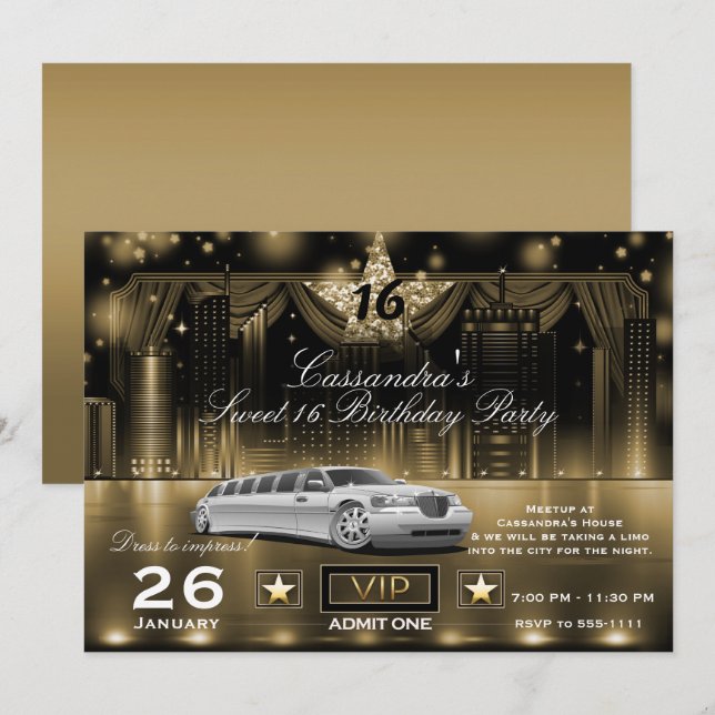 Invitación Fiesta de Cumpleaños en Limo con Luces Nocturnas d (Anverso / Reverso)