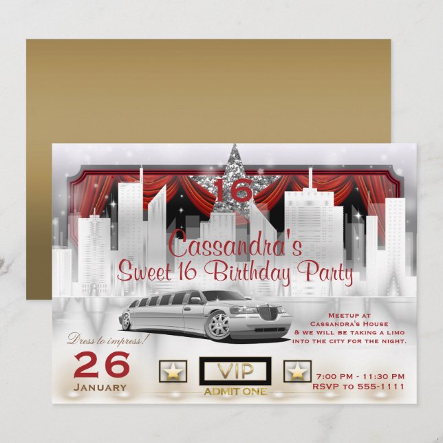 Invitación Fiesta de Cumpleaños en Limo de Luces de la Ciudad (Anverso / Reverso)