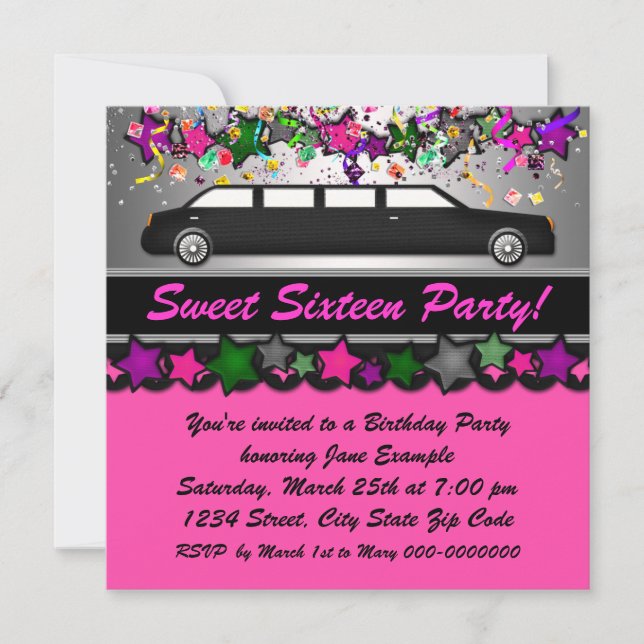 Invitación Fiesta de cumpleaños en limusina rosa caliente (Anverso)