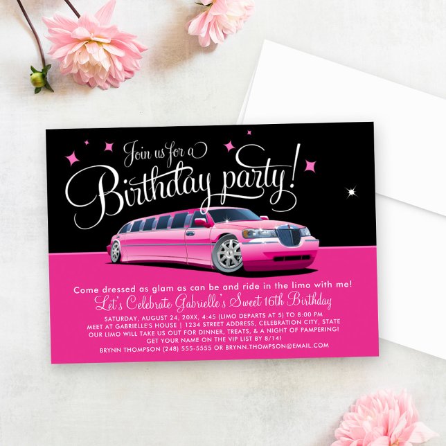 Invitación Fiesta de cumpleaños en limusina rosa glamour (Subido por el creador)
