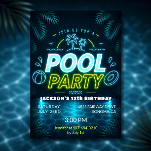Invitación Fiesta de Cumpleaños en Piscina con Brillo Azul Ve