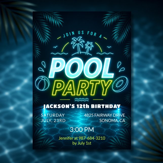 Invitación Fiesta de Cumpleaños en Piscina con Brillo Azul Ve (Subido por el creador)