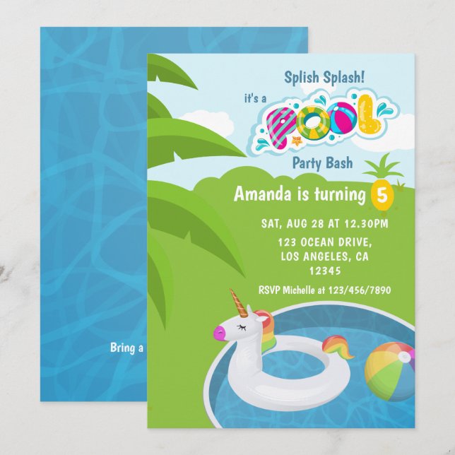 Invitación Fiesta de Cumpleaños en Piscina con Inflable de Un (Anverso / Reverso)