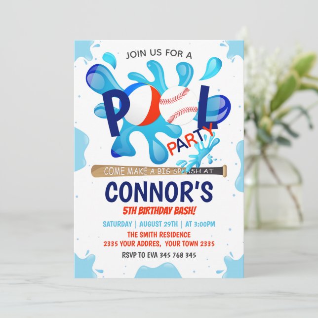 Invitación Fiesta de Cumpleaños en Piscina con Tócalo de Béis (Anverso de pie)