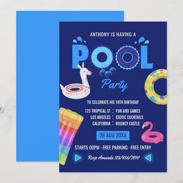 Invitación Fiesta de Cumpleaños en Piscina de Llama Flamingo  (Anverso / Reverso)