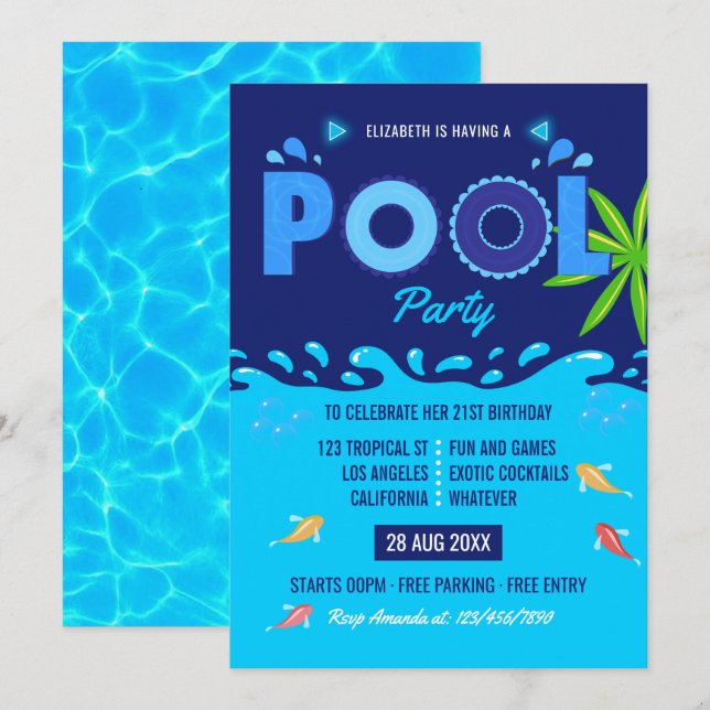 Invitación Fiesta de Cumpleaños en Piscina de Verano Azul Rea (Anverso / Reverso)