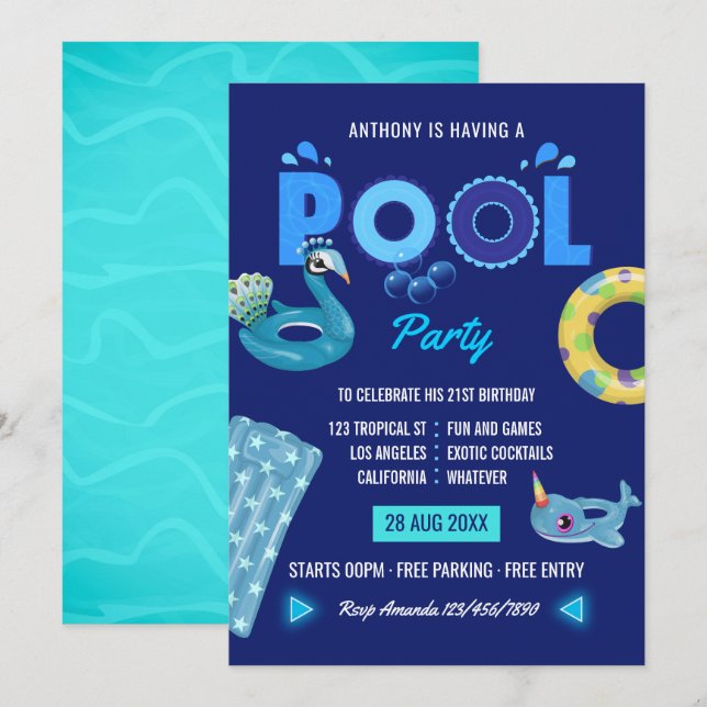 Invitación Fiesta de Cumpleaños en Piscina de Verano Azul Rea (Anverso / Reverso)
