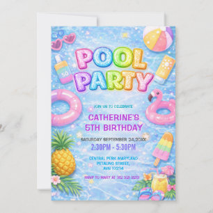 Invitación Fiesta de Cumpleaños en Piscina Divertida con Bril
