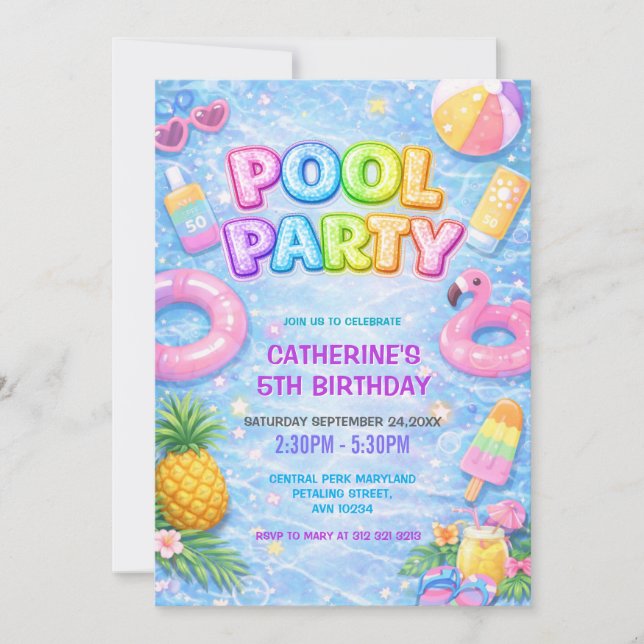 Invitación Fiesta de Cumpleaños en Piscina Divertida con Bril (Anverso)