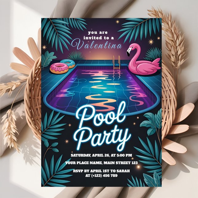 Invitación Fiesta de Cumpleaños en Piscina Tropical de Neón (Subido por el creador)