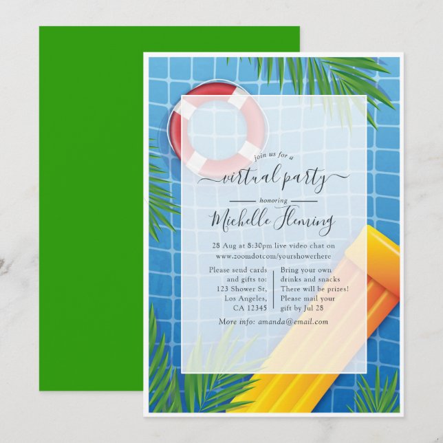Invitación Fiesta de Cumpleaños en Piscina Virtual Tropical (Anverso / Reverso)