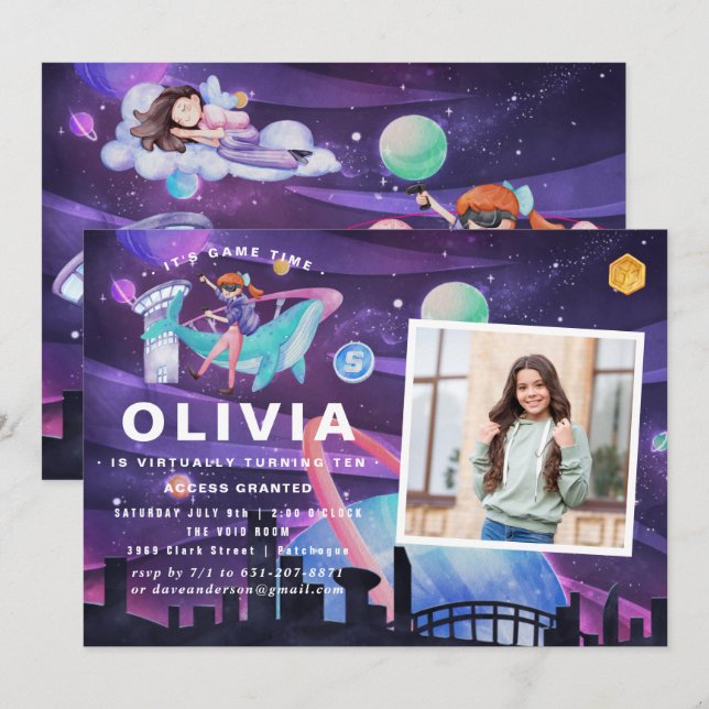 Invitación Fiesta de Cumpleaños en Realidad Virtual | Foto  (Anverso / Reverso)