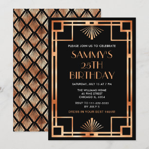 Invitación Fiesta de cumpleaños en rosa oro y negro Art Déco
