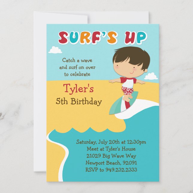Invitación Fiesta de cumpleaños en Surfing Beach (Anverso)