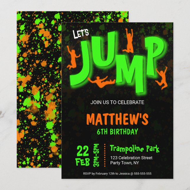 Invitación Fiesta de Cumpleaños en Trampolín con Pintura Nara (Anverso / Reverso)