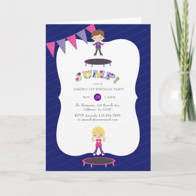 Invitación Fiesta de Cumpleaños en Trampolín Morado y Azul Re (Anverso)