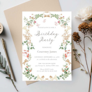Invitación fiesta de cumpleaños en un jardín de flores silves