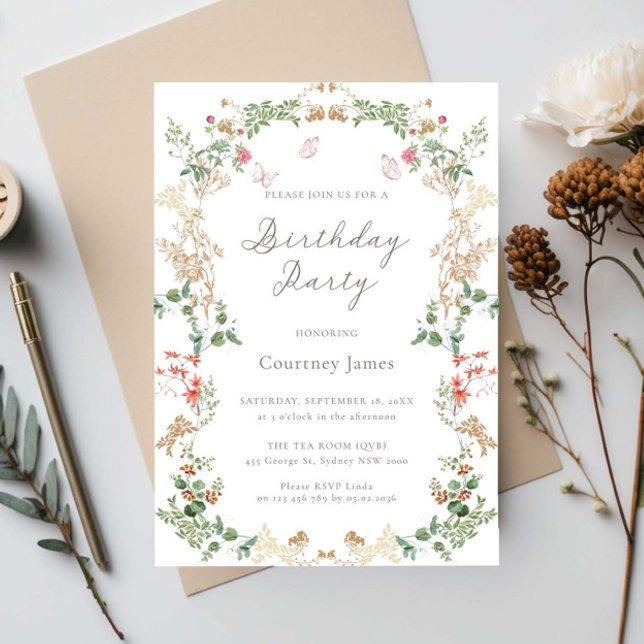 Invitación fiesta de cumpleaños en un jardín de flores silves (Subido por el creador)