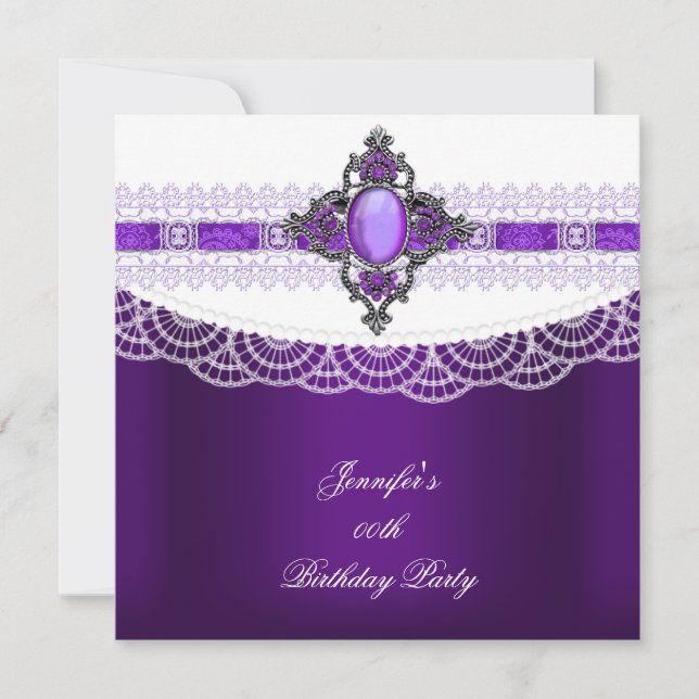 Invitación Fiesta de Cumpleaños Encaje Blanco Joya Púrpura (Anverso)
