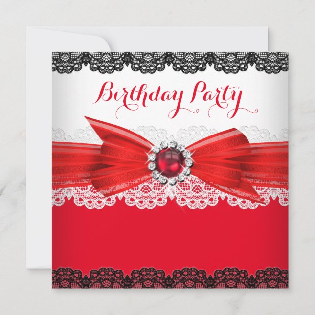 Invitación Fiesta de Cumpleaños Encaje de Diamante Perla Negr (Anverso)