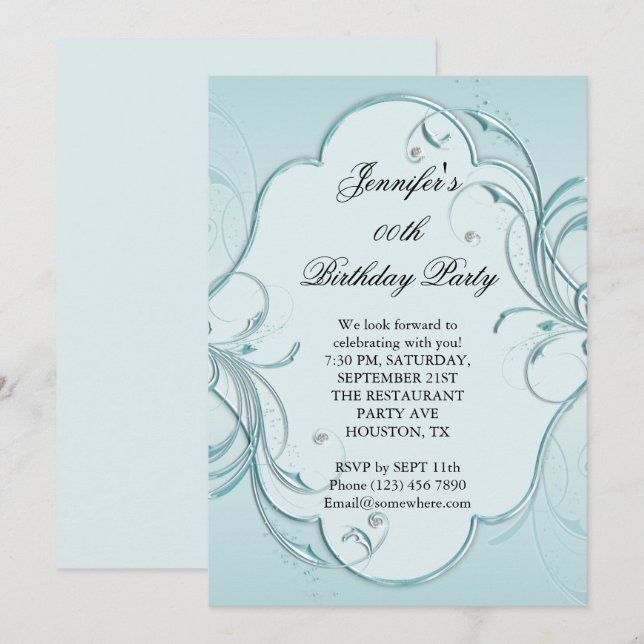 Invitación Fiesta de Cumpleaños enmarcada con florituras de a (Anverso / Reverso)