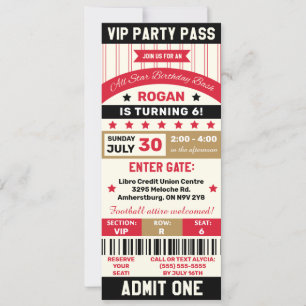 Invitación Fiesta de Cumpleaños Entrada VIP Deportiva Rojo, D