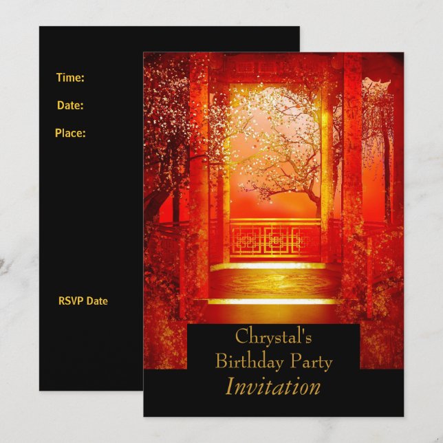 Invitación Fiesta de Cumpleaños Escena Asiática Rojo dorado (Anverso / Reverso)