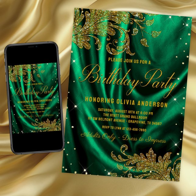 Invitación Fiesta de Cumpleaños Esmeralda Verde y Dorado para (Womans emerald green and gold birthday party invitation for any number birthday. Digital and print.)
