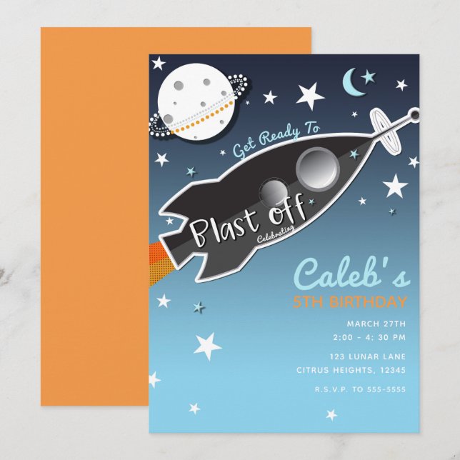 Invitación Fiesta de Cumpleaños Espacial Cohete Despegue (Anverso / Reverso)