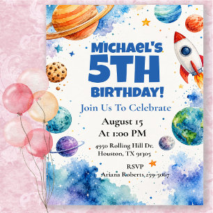 Invitación Fiesta de cumpleaños espacial con acuarela