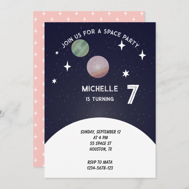 Invitación Fiesta de cumpleaños espacial en rosa (Anverso / Reverso)