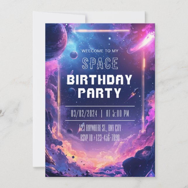 Invitación Fiesta de Cumpleaños Espacial Galaxia de Neón (Anverso)