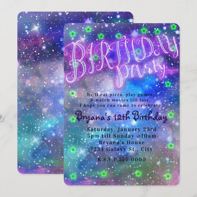Invitación Fiesta de Cumpleaños Espacio de Sueño Galaxia de N (Anverso / Reverso)